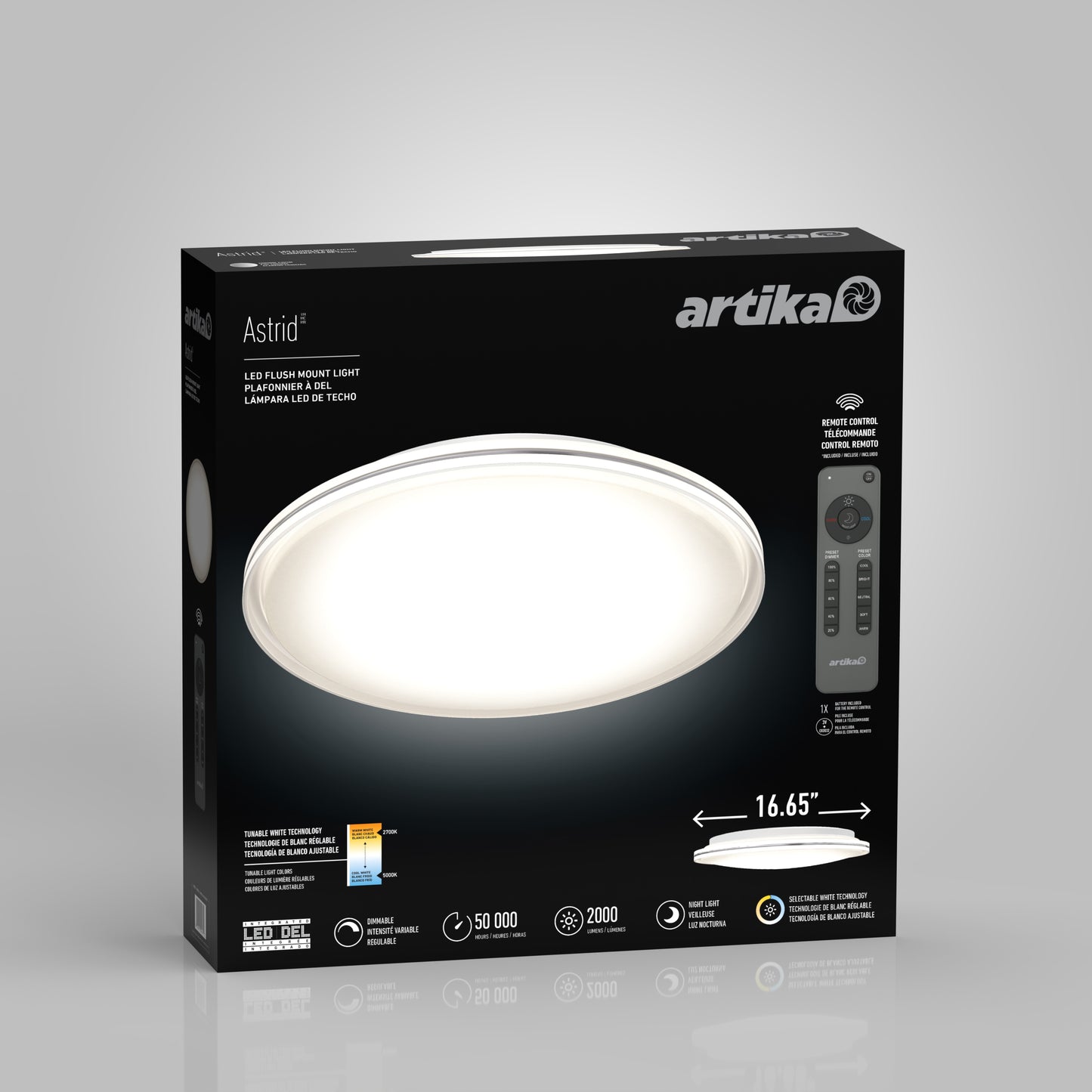 A black box for the Artika Astrid 16.5 in. LED flush mount light (5 CCT) displays a large illuminated image, remote, and features including 50,000-hour lifespan and 2,000 lumens.
