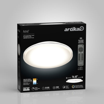 A black box for the Artika Astrid 16.5 in. LED flush mount light (5 CCT) displays a large illuminated image, remote, and features including 50,000-hour lifespan and 2,000 lumens.