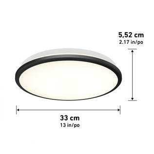 Artika Vera 13 in. (33 cm) modern LED flush mount ceiling light, dimmable with sleek black rim, measures 33x5.52 cm; shown with measurement arrows.