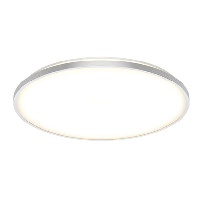The Artika Europa 21 in. LED modern flush mount light features a round, minimalistic design with a white frame and evenly lit surface, perfect for contemporary spaces. Includes remote control for added convenience.
