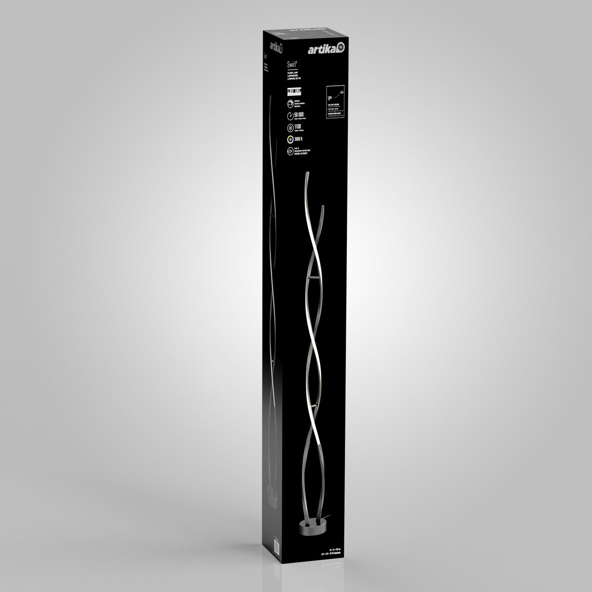 Tall, rectangular black box packaging for an Ardika brand LED floor lamp with a modern twisted design. The box displays a photo of the lamp, product details, and the Ardika logo on a gray gradient background.