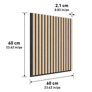 The image shows the Artika Sonolok 15.5 ft sound-absorbing wall panel kit—a square wood panel with vertical black stripes, measuring 60 x 60 cm (23.62 x 23.62 in) and 2.1 cm (0.83 in) thick, with labeled dimensional arrows.