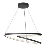 Modern pendant light fixture with a black, spiraling LED ring suspended by three thin cables from a round ceiling mount. The ring emits a soft white light along its inner edge.