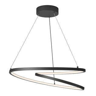 The Artika Salto LED pendant light features a modern spiral-shaped LED ring, suspended from a round ceiling mount by three slim cables for a sleek, contemporary look.