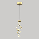 A gold modern pendant light with a twisted, ribbon-like design hangs from a round ceiling mount against a plain gray background.