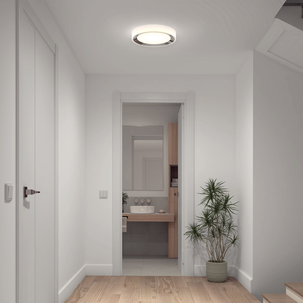 A modern, minimal hallway with white walls, wooden floor, a round ceiling light, a potted plant, and an open door revealing a bathroom with a mirror, sink, and wooden cabinetry.