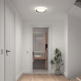 A modern, minimal hallway with white walls, wooden floor, a round ceiling light, a potted plant, and an open door revealing a bathroom with a mirror, sink, and wooden cabinetry.