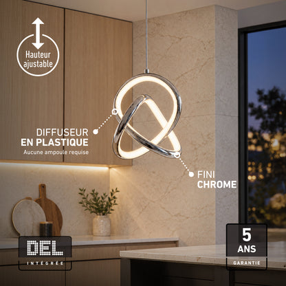 Artika Zephyr LED pendant light with a chrome finish, adjustable height, plastic diffuser, and five-year warranty.