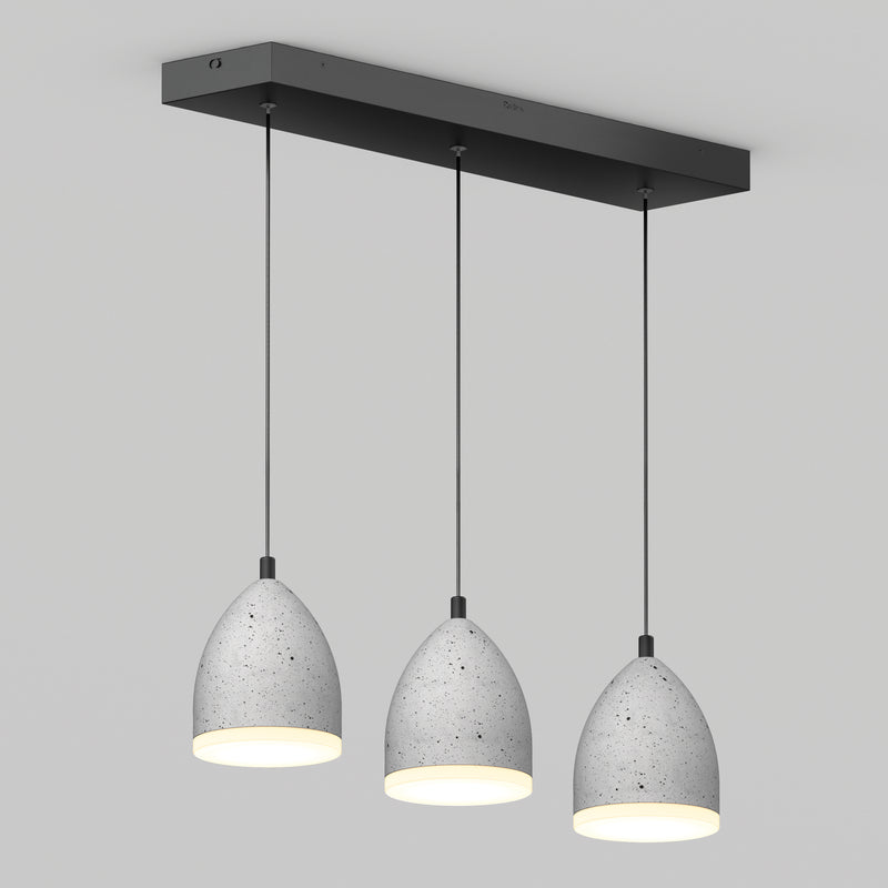 The Artika Bergen 3-light LED pendant features three gray, dome-shaped lamps hanging in a row from a sleek rectangular black base, providing evenly spaced soft white illumination.
