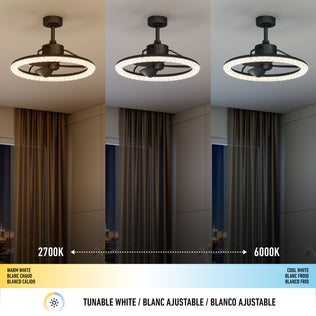 Three Artika Carat 23" LED ceiling fans with remote control are shown, each with warm, neutral, or cool white light.