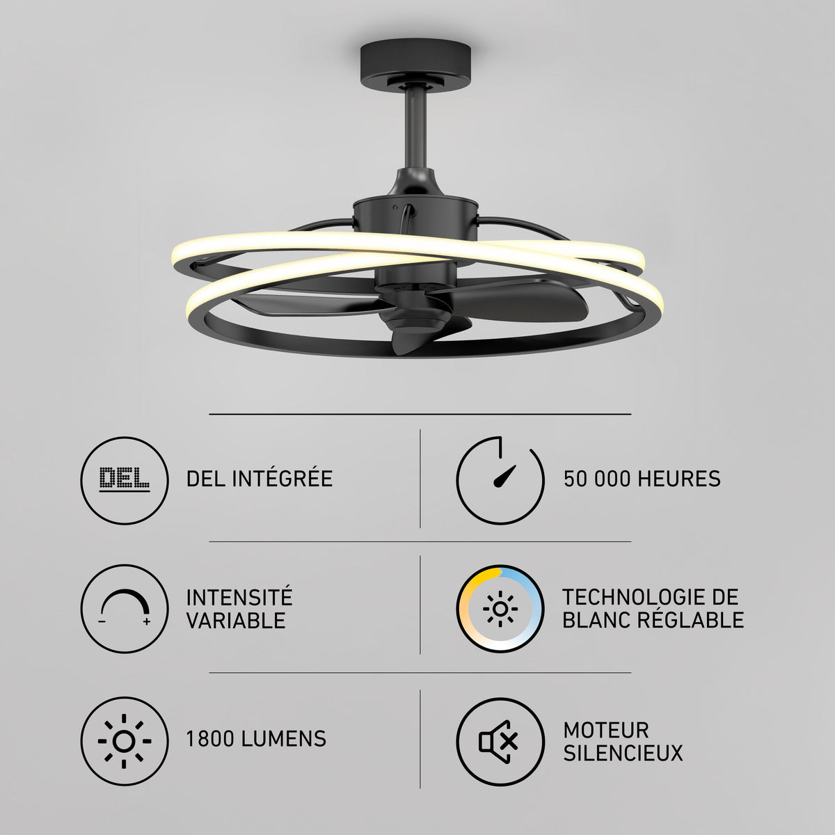 Artika Coda 23″ LED fandelier: circular light, 1800 lumens, dimmable, remote control, silent motor—modern ceiling fan with long life.