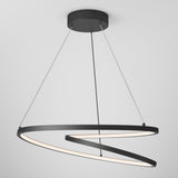 A modern, spiral-shaped pendant light with a sleek black frame, suspended by three thin cables from a round ceiling mount, emits a soft white glow against a plain white background.
