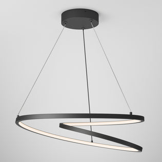 The Artika Salto LED pendant light features two intertwined spiral black rings suspended by three wires from a round black ceiling mount, emitting soft white light from the inner edge.