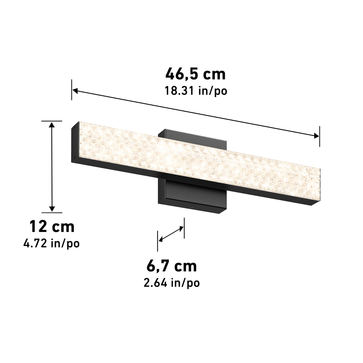 Rectangular wall light with textured white front and black base, measuring 46.5 cm wide, 12 cm tall, and 6.7 cm deep. Dimensions are shown with arrows and both metric and imperial units.