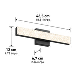 Rectangular wall light with textured white front and black base, measuring 46.5 cm wide, 12 cm tall, and 6.7 cm deep. Dimensions are shown with arrows and both metric and imperial units.