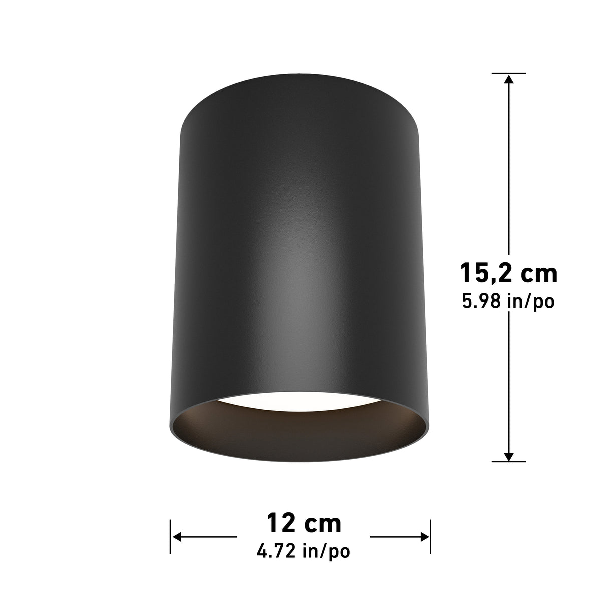 A black cylindrical ceiling light fixture with dimensions: height 15.2 cm (5.98 in) and diameter 12 cm (4.72 in). The bottom opening is visible, showing the inner edge.