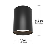 A black cylindrical ceiling light fixture with dimensions: height 15.2 cm (5.98 in) and diameter 12 cm (4.72 in). The bottom opening is visible, showing the inner edge.