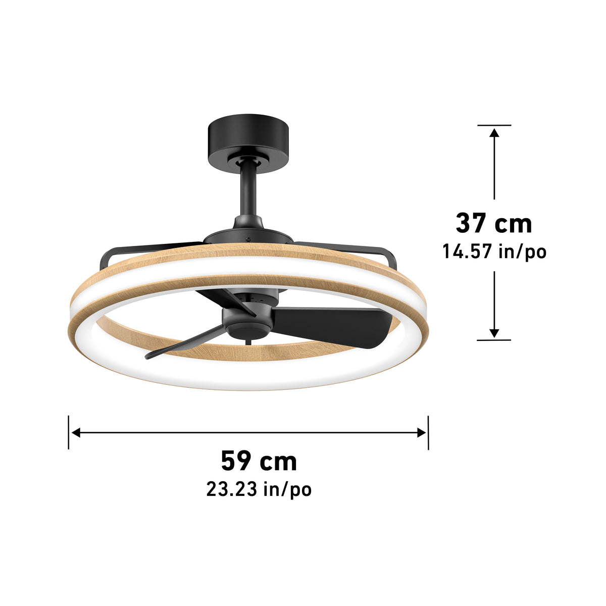 The Artika Lugano 23 in. LED modern ceiling fan features a circular wooden and black metal frame, integrated LED light ring, three black blades, remote control, and measures 37 cm high by 59 cm wide.