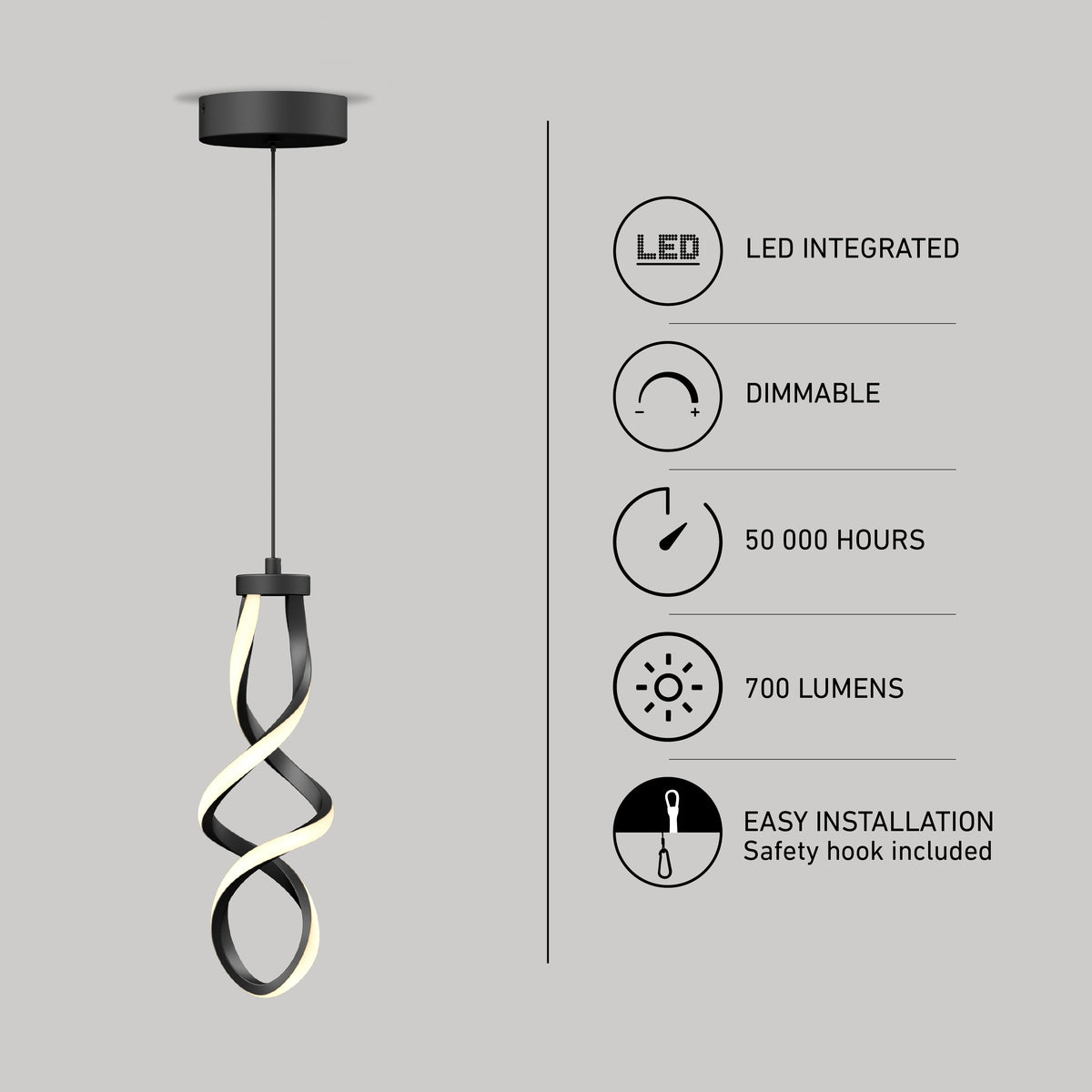 A modern twisted LED pendant light hangs from the ceiling. Beside it, icons and text highlight features: LED integrated, dimmable, 50,000 hours lifespan, 700 lumens, and easy installation with a safety hook included.