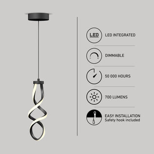 The Artika Mini Swirl LED pendant light features a twisted spiral design, is dimmable, delivers 700 lumens, has an integrated LED with a 50,000-hour lifespan, and offers easy installation with an included safety hook.