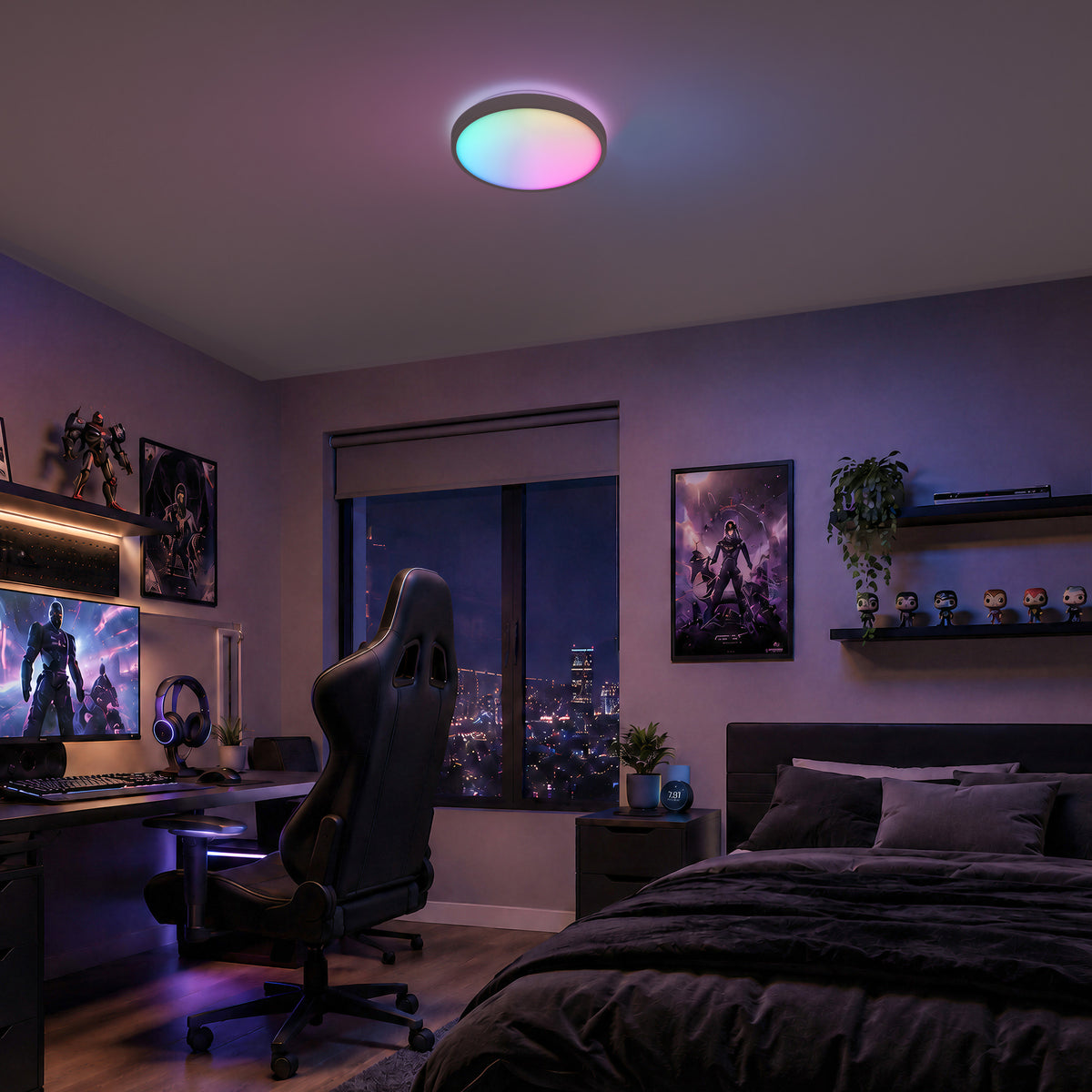 A gaming bedroom with a PC, posters, collectibles, and Artika’s Isara 12 in. RGBIC LED ceiling light, overlooking the city at night.