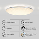 Round, flush-mount LED ceiling light with sparkly finish displayed above icons and text that highlight features: LED integrated, 50,000 hours, dimmable, easy installation, 1850 lumens, and selectable white technology.