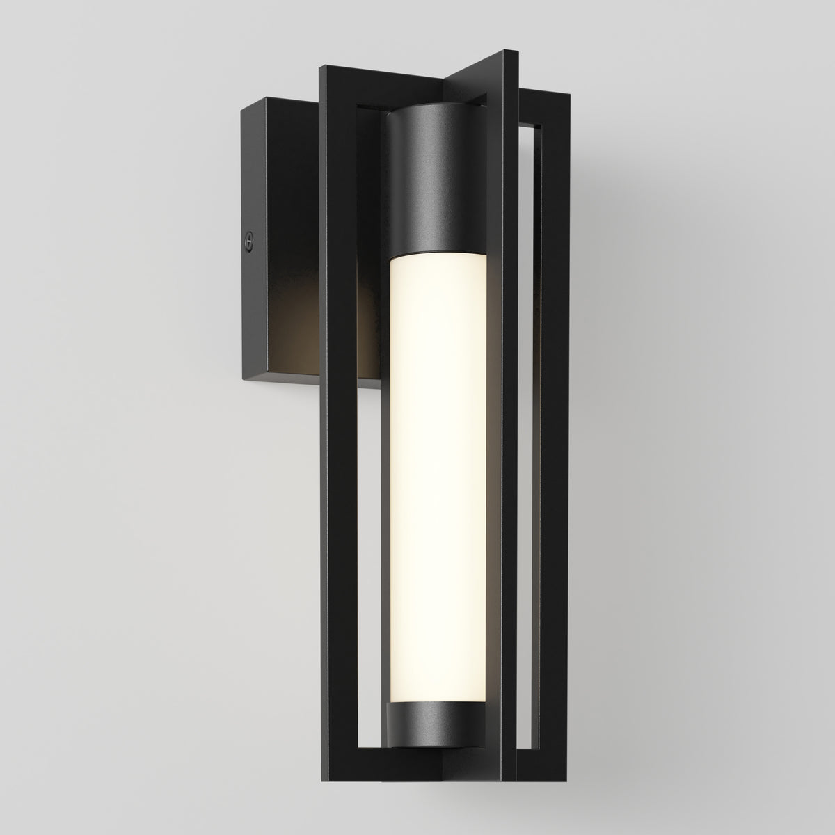 A modern black outdoor wall sconce with a rectangular frame and a cylindrical frosted light in the center, mounted on a plain white wall.