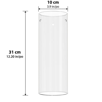 The Artika Outer glass cylinder 310 mm is a clear cylindrical vase with two small holes near the top edge and measures 310 mm (12.2 in) tall by 100 mm (3.9 in) diameter, as shown with arrows and measurements indicating size.