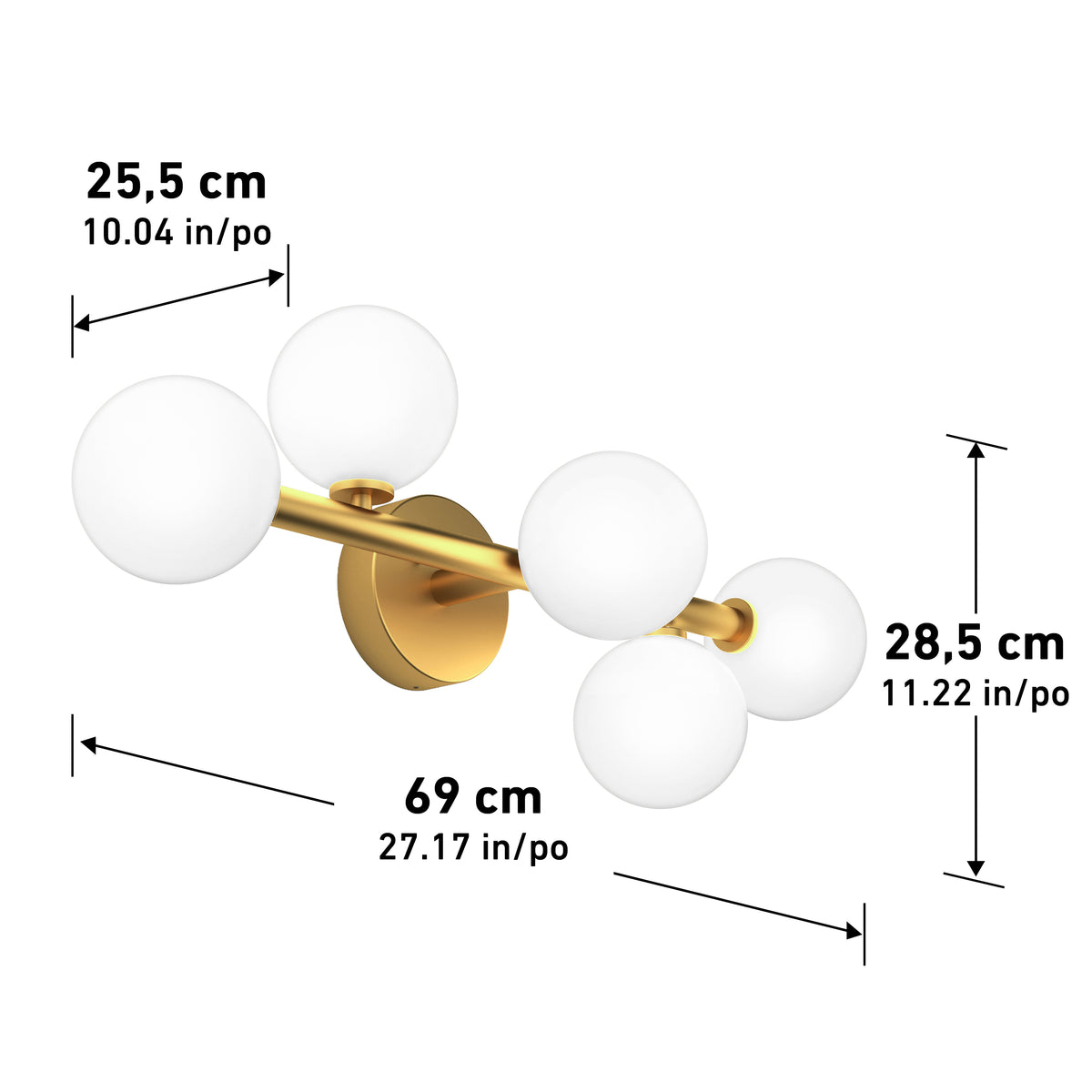 The Artika Bloom 27-in (69 cm) 3-Light Modern LED Vanity Light for Bathroom is shown on a white background with dimensions: 25.5 cm (10.04 in) tall and 28.5 cm (11.22 in) wide.