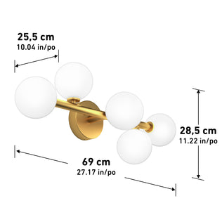 The Artika Bloom 27-in (69 cm) 3-Light Modern LED Vanity Light for Bathroom is shown on a white background with dimensions: 25.5 cm (10.04 in) tall and 28.5 cm (11.22 in) wide.