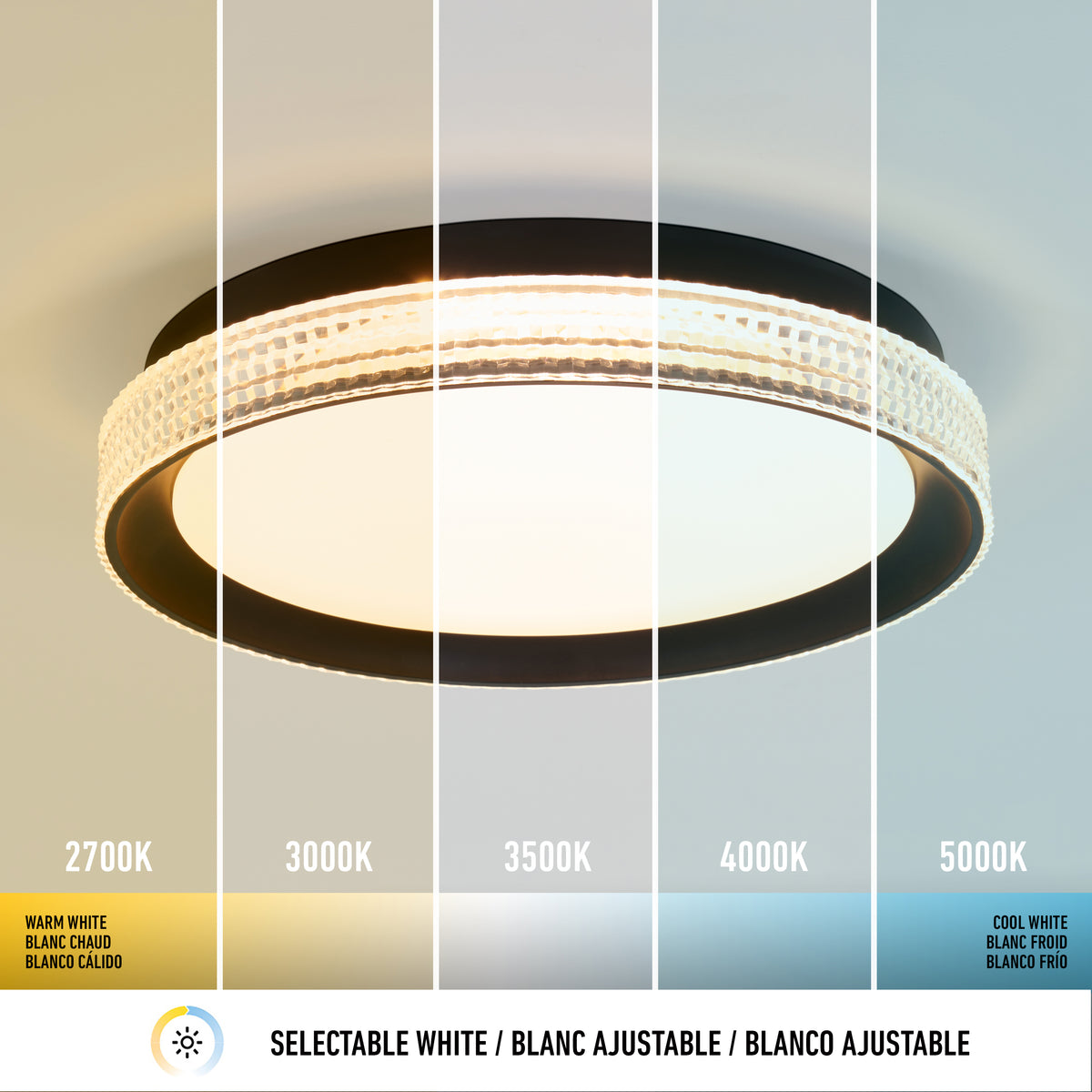 The Artika Aston 15 in. LED modern flush mount light shows five white color temperatures from warm 2700K to cool 5000K in vertical segments, with text labels displaying each color temperature and its name below the segments.