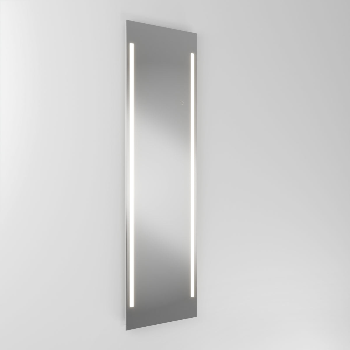 A large rectangular wall-mounted mirror with two vertical LED light strips on either side, set against a plain light gray background.