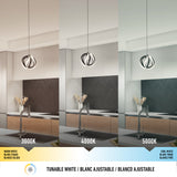 A modern kitchen is shown under three pendant light settings: warm white (3000K) on the left, neutral white (4000K) in the center, and cool white (5000K) on the right, demonstrating tunable white lighting.