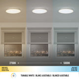 Three side-by-side panels show a window at night under different lighting: left with warm white light (2700K), center with neutral light, right with cool white light (5000K); a color temperature scale runs below.