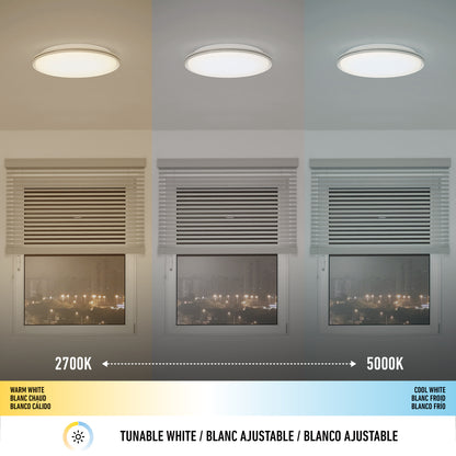 A comparison of the Artika Astrid 16.5 in. LED flush mount light above a window with blinds, showing 2700K (warm white) on the left and 5000K (cool white) on the right, a temperature scale, and labels in English, French, and Spanish.