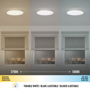Three night windows under blinds, each lit by an Artika Astrid 16.5 in. LED light: warm, neutral, and cool white.