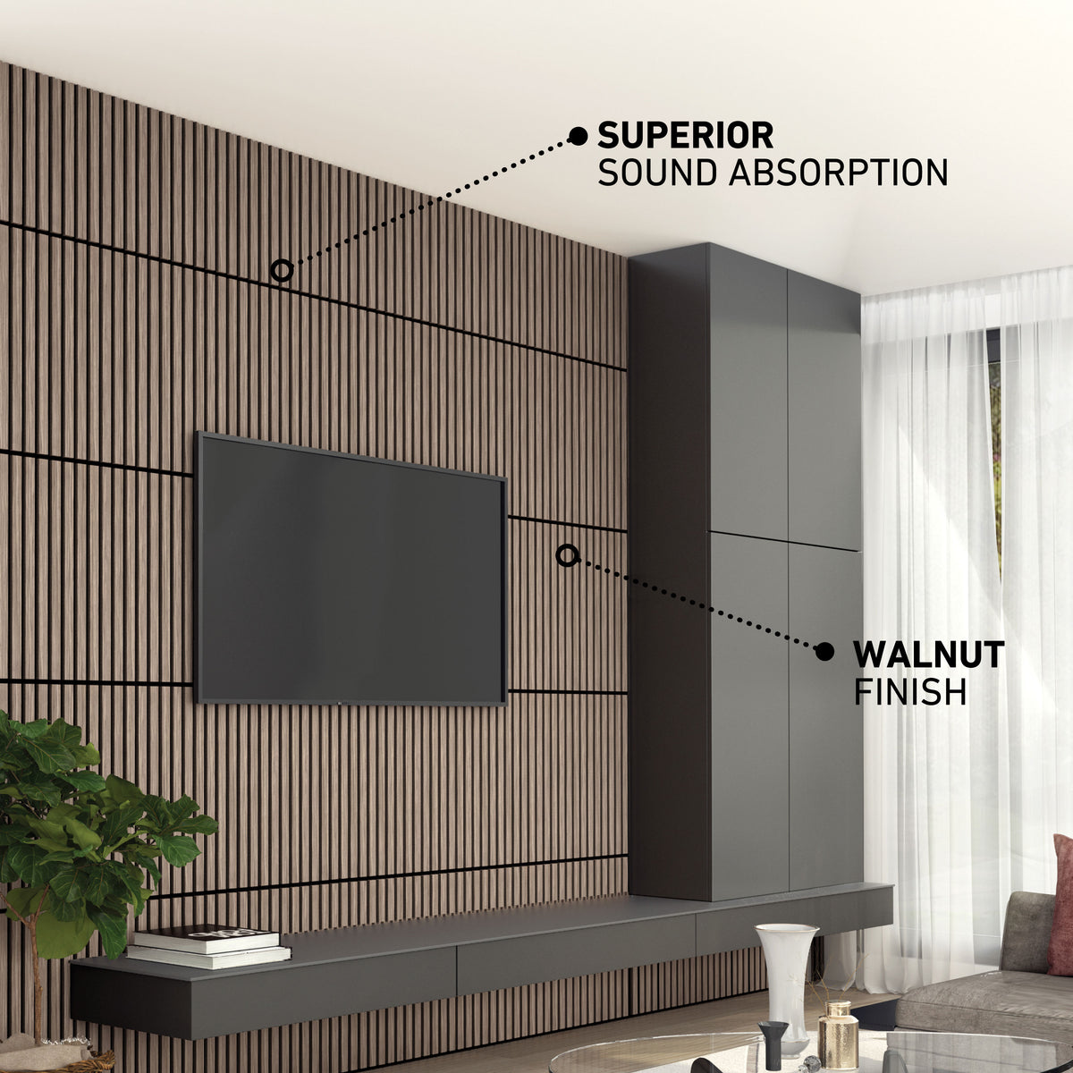 Modern living room with Artika Sonolok sound-absorbing wall panels (Walnut, 4-pack), TV, cabinets, and sunlight.