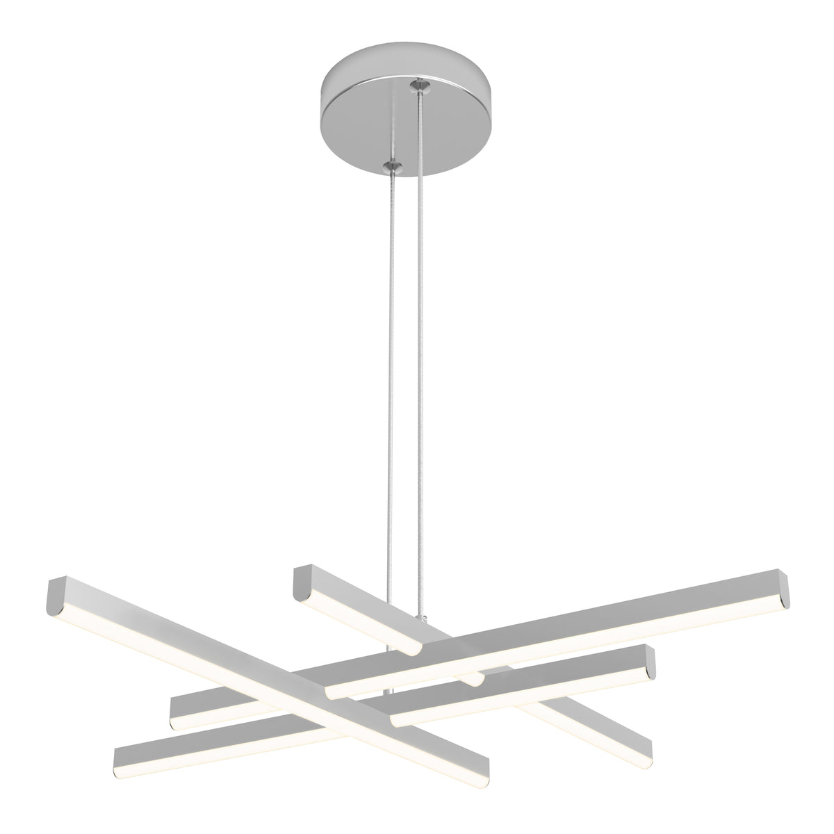 A modern, geometric LED pendant light with five intersecting horizontal bars suspended from a round ceiling mount by two cables. The fixture is silver with built-in white lights along each bar.