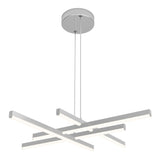 A modern, geometric LED pendant light with five intersecting horizontal bars suspended from a round ceiling mount by two cables. The fixture is silver with built-in white lights along each bar.