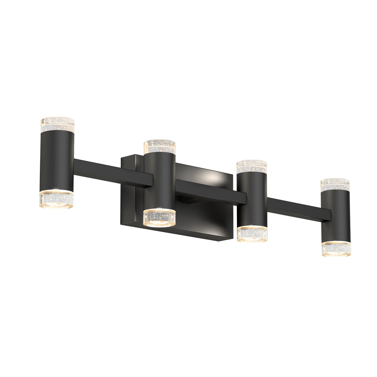 A modern black wall-mounted light fixture with five cylindrical LED lights, arranged horizontally on two parallel bars, each cylinder featuring clear textured ends that emit light.