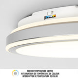 A close-up of a ceiling light fixture with a color temperature switch labeled with different color levels. Text below reads: Colour Temperature Switch in English, French, and Spanish.