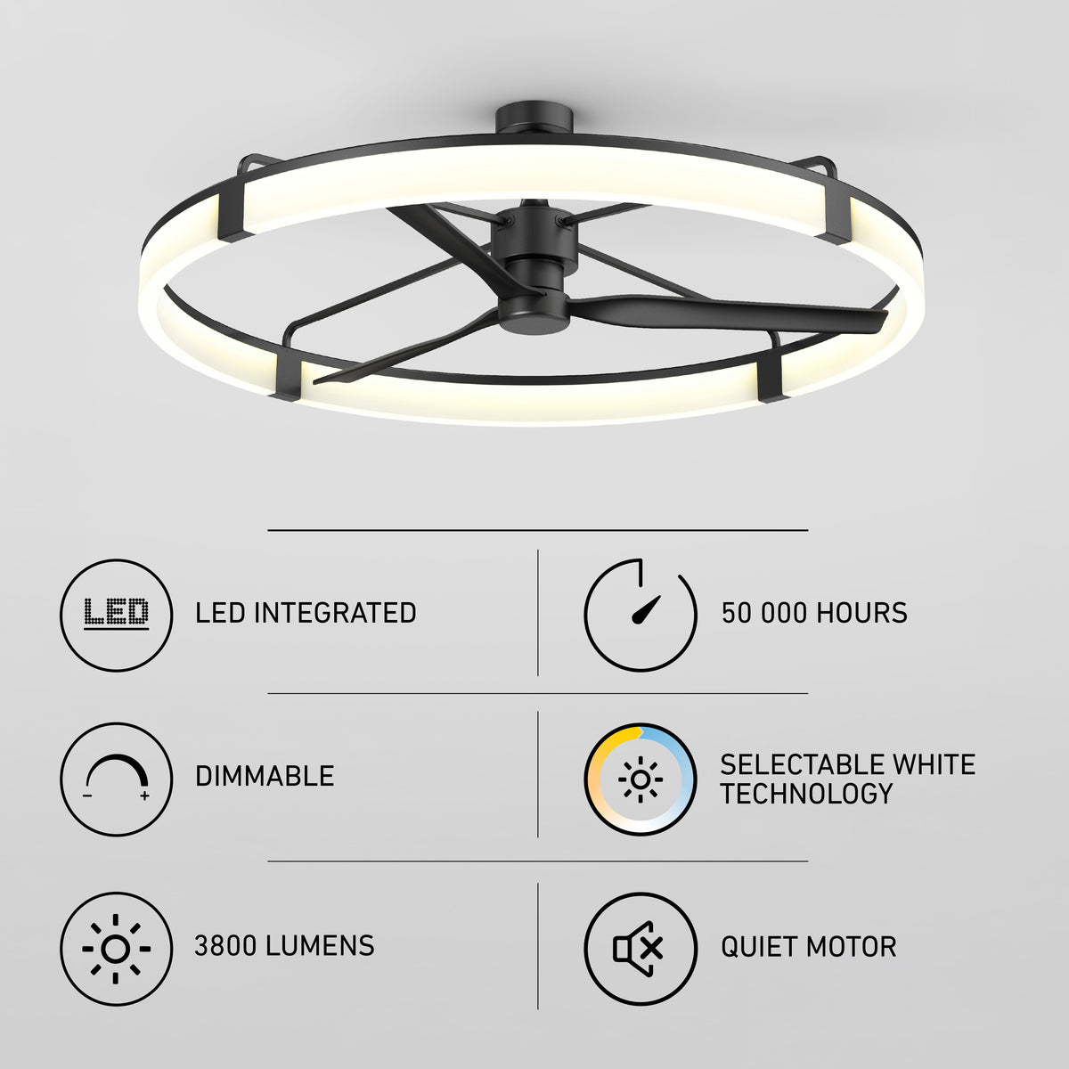 Artika Sunnyvale 52″ LED ceiling fan with remote, dimming, selectable white, 3800 lumens, quiet motor & 50,000h lifespan.