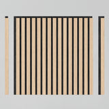 A square wooden panel with vertical black and light wood stripes is centered. A matching thin vertical strip is on the left, and a thinner black-bordered strip is on the right, all on a light gray background.