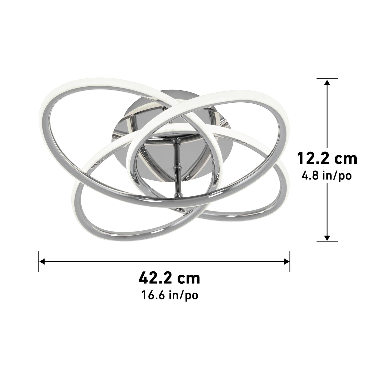 Modern ceiling light with three interlocking metallic oval rings, dimensions shown: 12.2 cm (4.8 in) height and 42.2 cm (16.6 in) width. White and silver finish, viewed from the front.