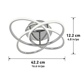 The Artika Swirl Butterfly LED contemporary flush mount light, measuring 12.2 cm (4.8 in) high and 42.2 cm (16.6 in) wide, is shown against a white background with its three interlocking loops design.