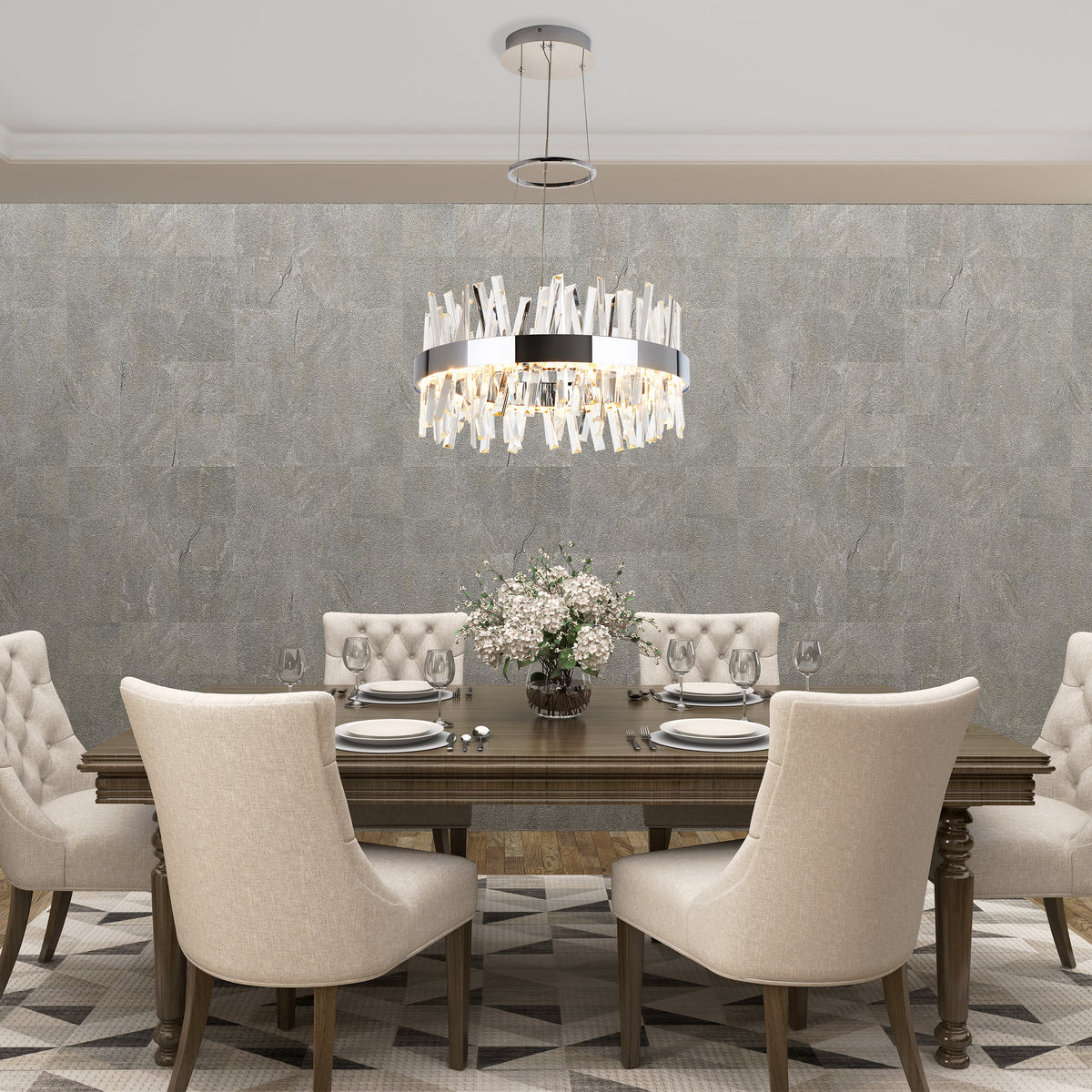 Elegant dining room with a wooden table for six, beige upholstered chairs, Artikas Enchanted LED pendant light as the centerpiece, neutral textured wallpaper, and a floral arrangement on the table.