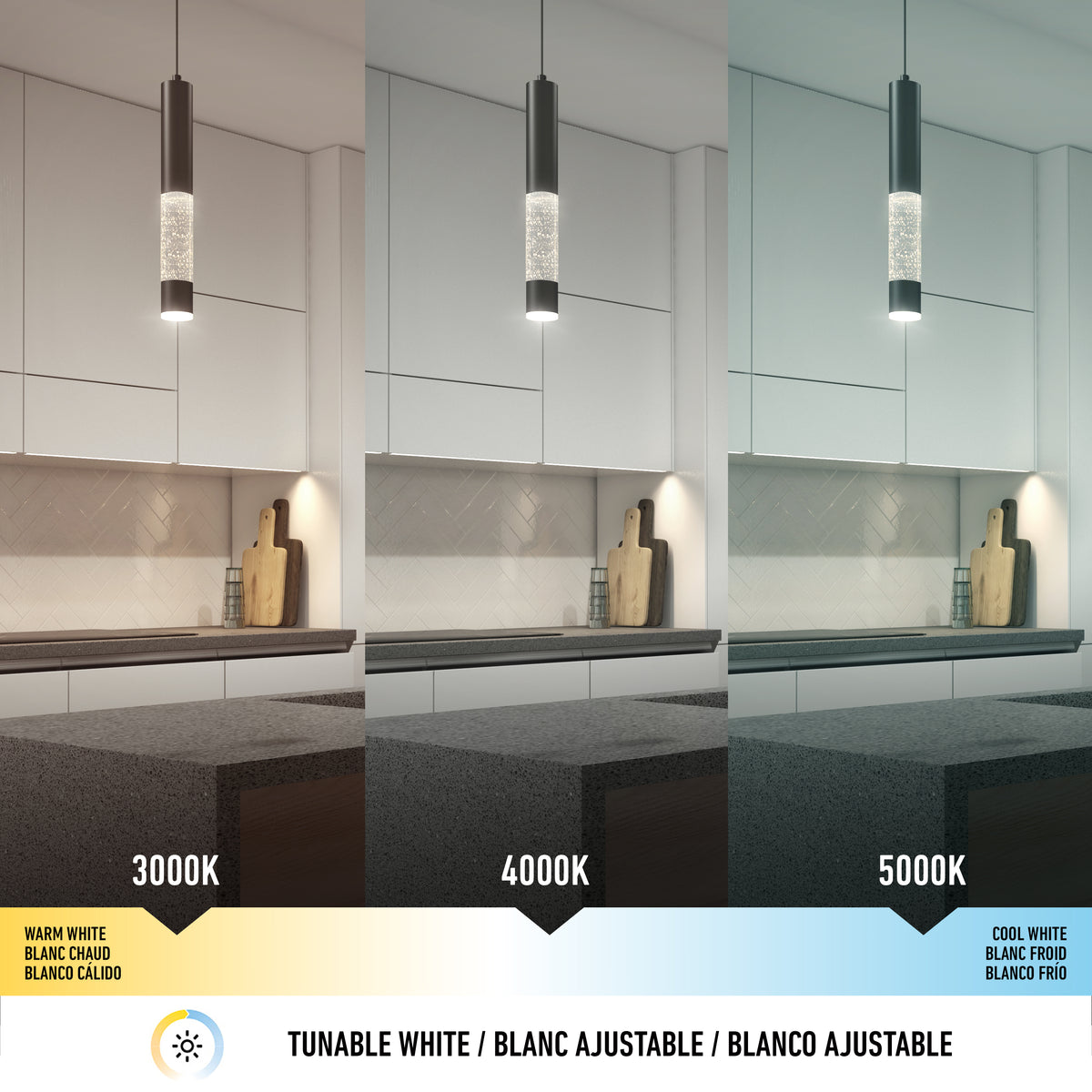 A modern kitchen is shown under three pendant lights, each with different color temperatures: warm white (3000K), neutral white (4000K), and cool white (5000K), highlighting how lighting affects the rooms appearance.