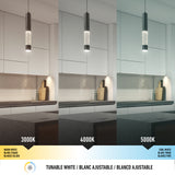 A modern kitchen is shown under three pendant lights, each with different color temperatures: warm white (3000K), neutral white (4000K), and cool white (5000K), highlighting how lighting affects the rooms appearance.