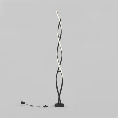 The Swirl modern LED floor lamp by Artika features two intertwined LED strips on a black base, ideal for stylish living rooms.