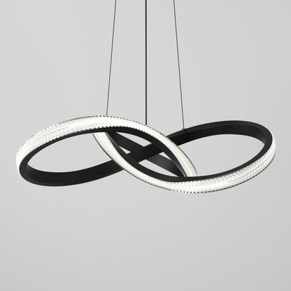 The Artika Morgan LED contemporary pendant light 5 CCT features two intertwined black rings—one lined with white LEDs—suspended by sleek black wires against a plain light gray background.